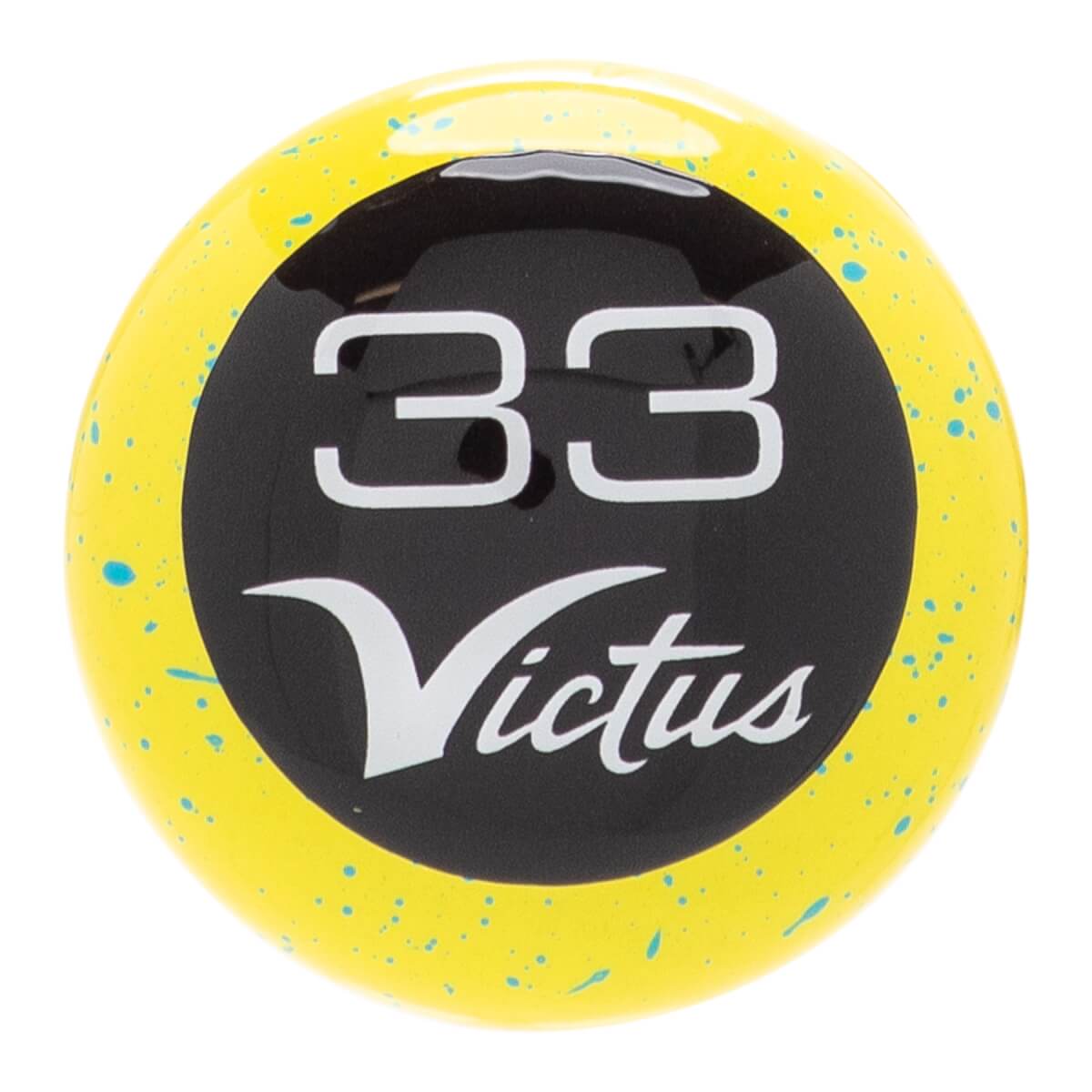 Close-up of a yellow baseball bat knob with blue speckles, a black circular insert, and white 33 and Victus text.