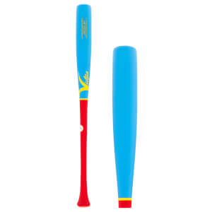 Front view of a blue and red baseball bat with yellow Victus branding, next to a blue barrel with a red and yellow base.