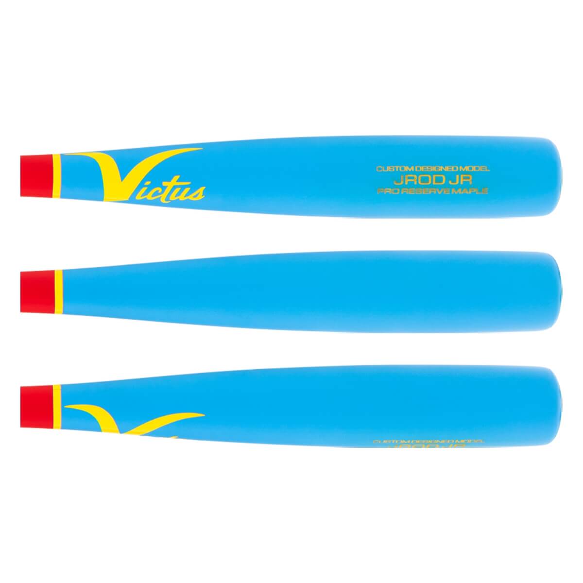 Full-length view of a light blue baseball bat with a red knob, yellow stripe, and yellow Victus and JROD JR text.