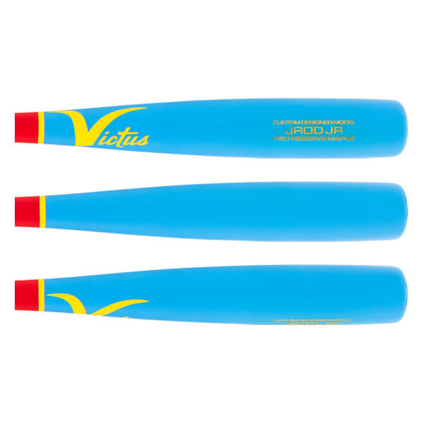 Full-length view of a light blue baseball bat with a red knob, yellow stripe, and yellow Victus and JROD JR text.