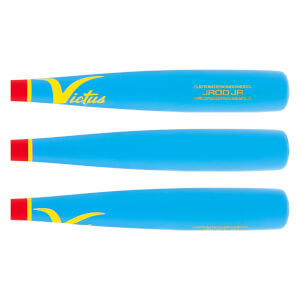 Full-length view of a light blue baseball bat with a red knob, yellow stripe, and yellow Victus and JROD JR text.