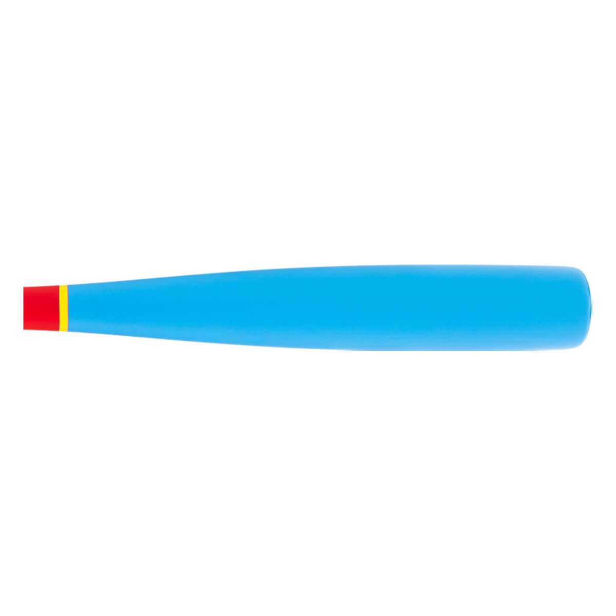 Side view of a light blue baseball bat with a red knob and yellow stripe near the handle.