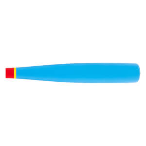 Side view of a light blue baseball bat with a red knob and yellow stripe near the handle.