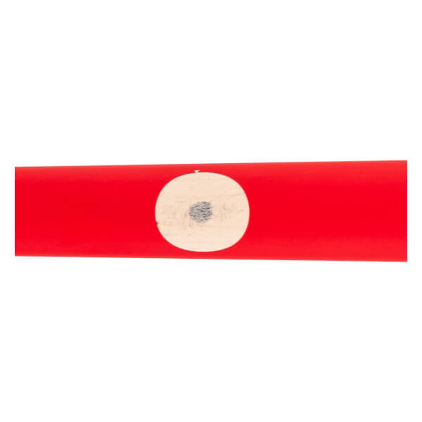 Close-up side view of a red baseball bat with a circular wood grain section and a dark ink dot.