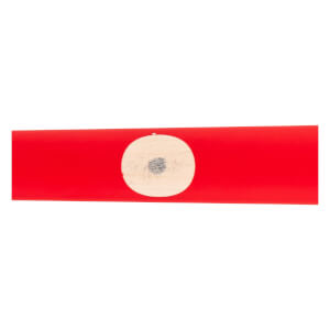 Close-up side view of a red baseball bat with a circular wood grain section and a dark ink dot.