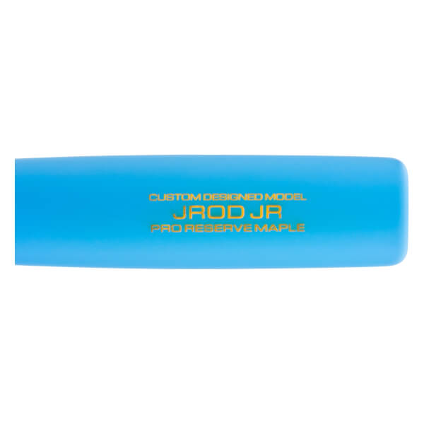 Barrel view of a light blue baseball bat with gold CUSTOM DESIGNED MODEL, JROD JR, and PRO RESERVE MAPLE text.