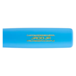 Barrel view of a light blue baseball bat with gold CUSTOM DESIGNED MODEL, JROD JR, and PRO RESERVE MAPLE text.