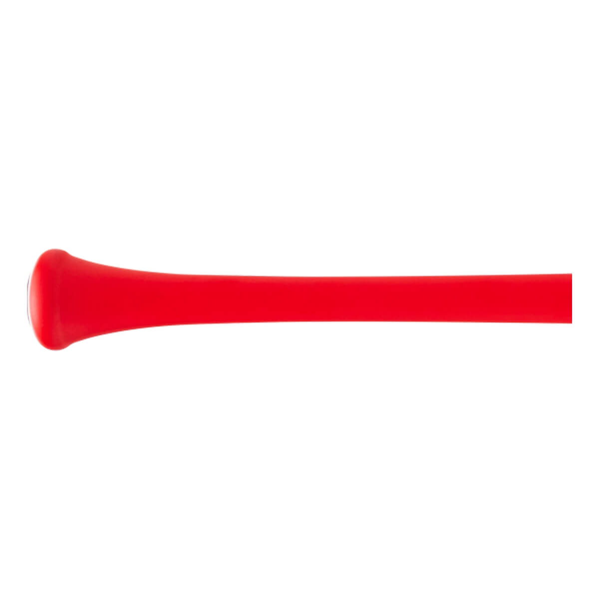 Side view of a red baseball bat with a flared knob and a smooth, tapered handle.