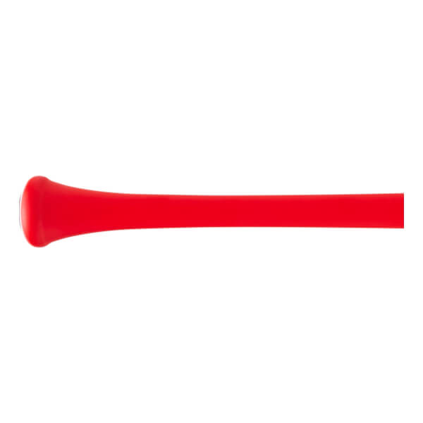 Side view of a red baseball bat with a flared knob and a smooth, tapered handle.