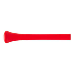 Side view of a red baseball bat with a flared knob and a smooth, tapered handle.