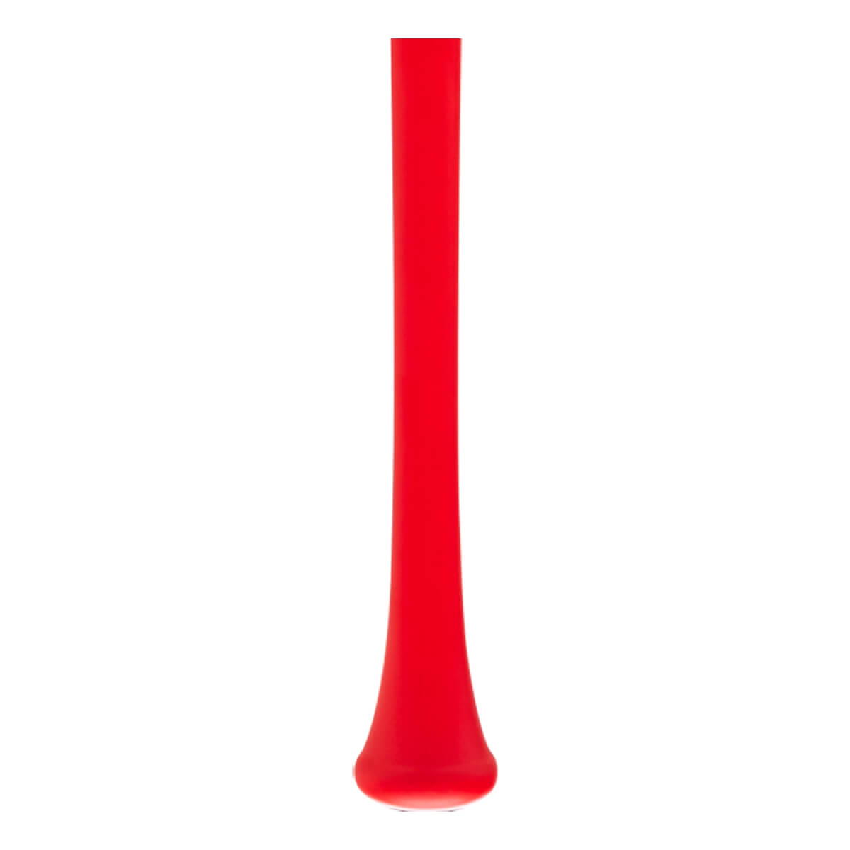 Full vertical view of a red baseball bat with a glossy finish, tapering handle, and knob at the bottom.