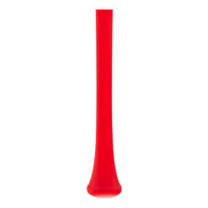 Full vertical view of a red baseball bat with a glossy finish, tapering handle, and knob at the bottom.