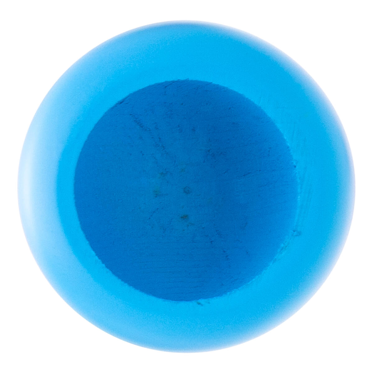 End view of a blue baseball bat with a light blue barrel rim and a dark blue cupped interior.