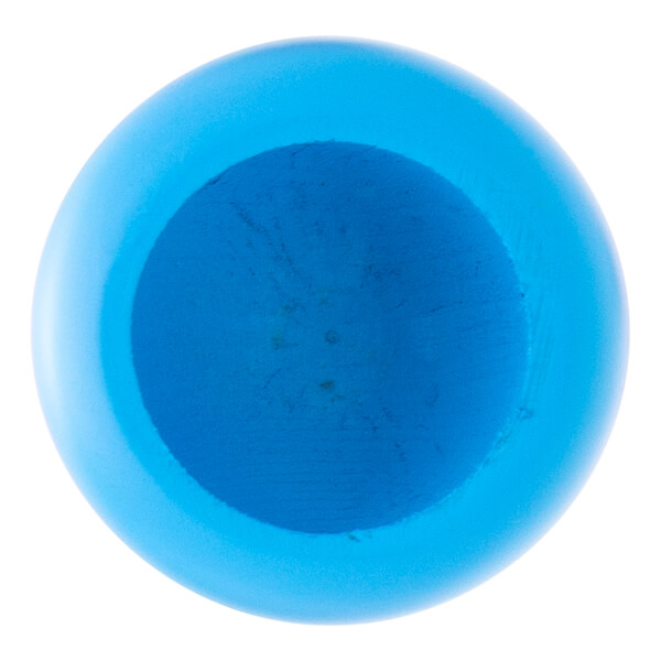 End view of a blue baseball bat with a light blue barrel rim and a dark blue cupped interior.