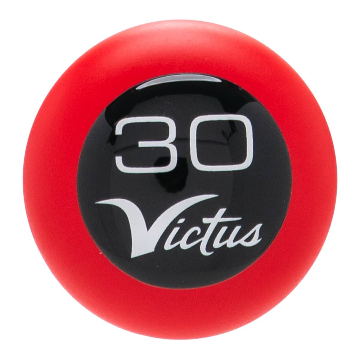 Close-up of a red baseball bat end cap with a black insert displaying 30 and Victus in white.