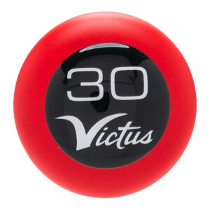 Close-up of a red baseball bat end cap with a black insert displaying 30 and Victus in white.