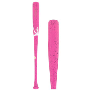 Front view and close-up of a bright pink baseball bat with black speckles, a white Victus logo, and a gold circular sticker.