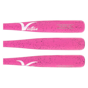 Multiple side views of a pink baseball bat with black speckles, a white Victus logo, and TATIS JR text.