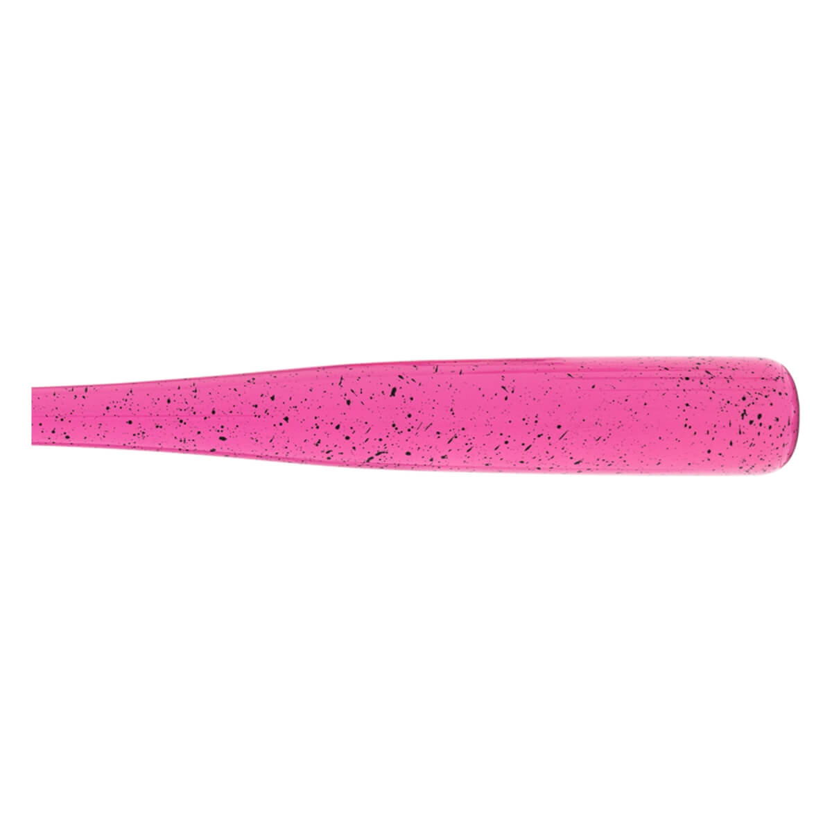 Side view of a pink baseball bat with black speckles and a glossy finish, showing the barrel.