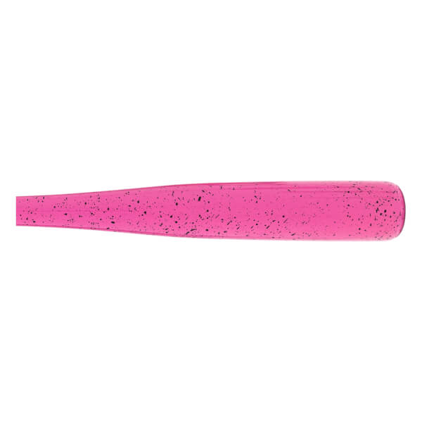 Side view of a pink baseball bat with black speckles and a glossy finish, showing the barrel.