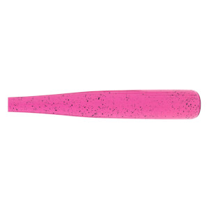 Side view of a pink baseball bat with black speckles and a glossy finish, showing the barrel.
