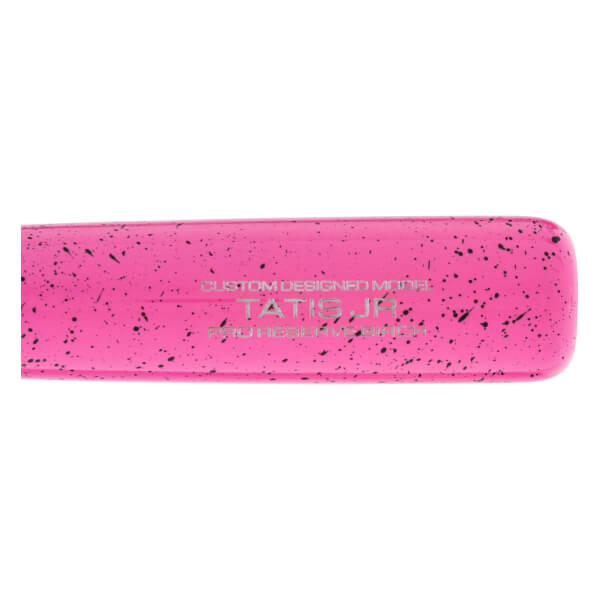 Side view of a pink baseball bat barrel with black speckles, TATIS JR. and CUSTOM DESIGNED MODEL printed in white.