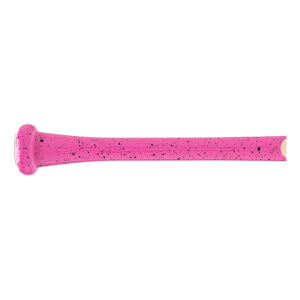 Side view of a pink baseball bat with black speckles and a natural wood barrel end.