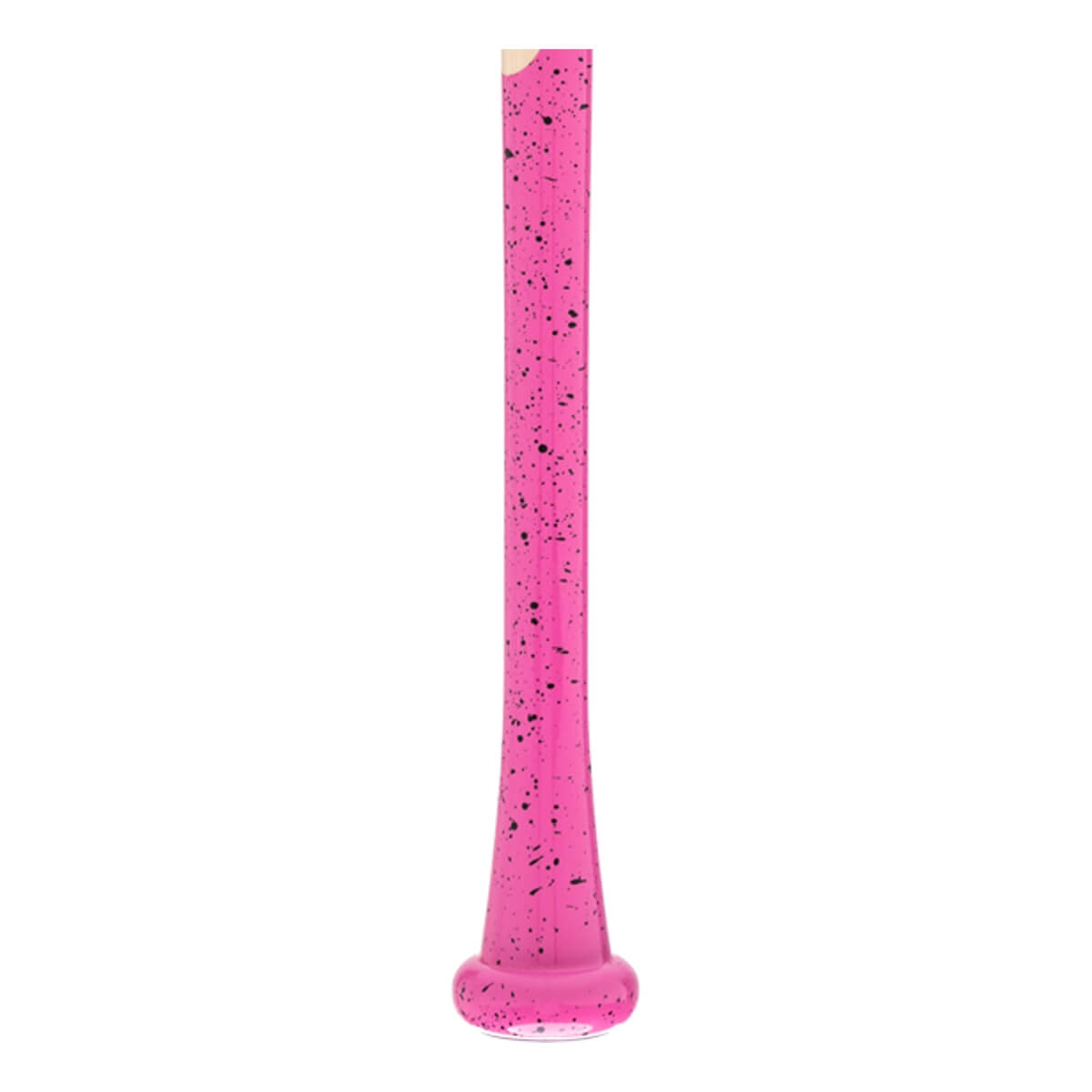 Full view of a pink baseball bat with black speckles and a flared knob.