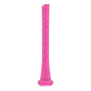 Full view of a pink baseball bat with black speckles and a flared knob.