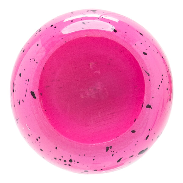 Top-down view of a bright pink baseball bat with black speckles and a hollowed-out barrel end.