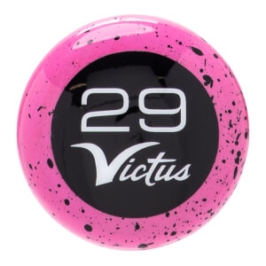 Top-down view of a pink baseball bat end cap with black speckles, a black center, and white 29 Victus branding.