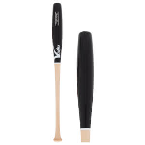 Side view of a black and natural wood baseball bat with Victus logo and TOP-TPD text, shown with a barrel detail.