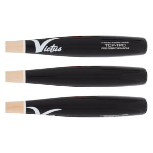 Three side views of a black and natural wood baseball bat with a white Victus logo and TOP-TPD PRO RESERVE MAPLE text.