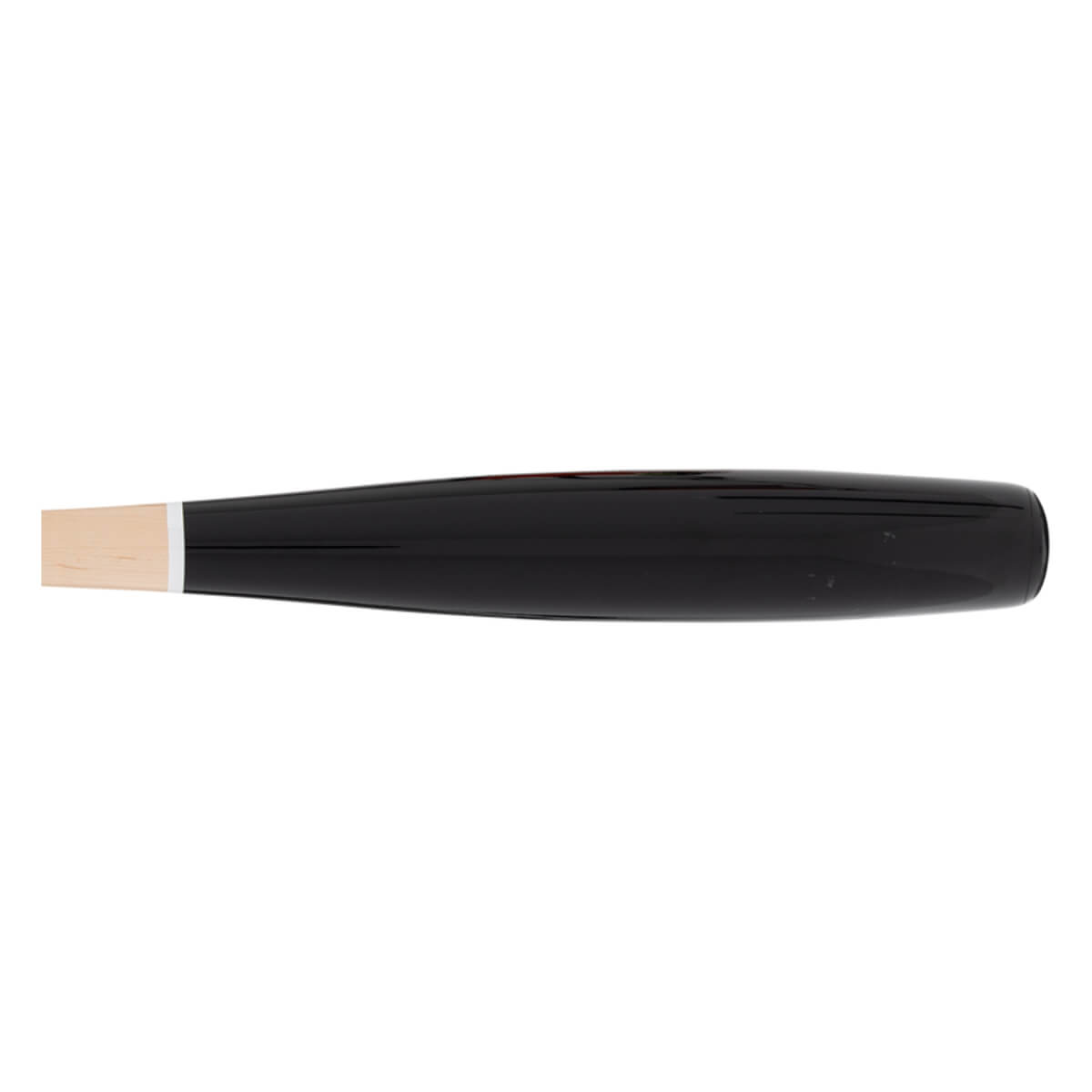 Side view of a black baseball bat with a natural wood handle end, a glossy finish, and a thin white band.