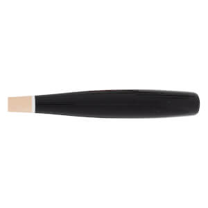 Side view of a black baseball bat with a natural wood handle end, a glossy finish, and a thin white band.