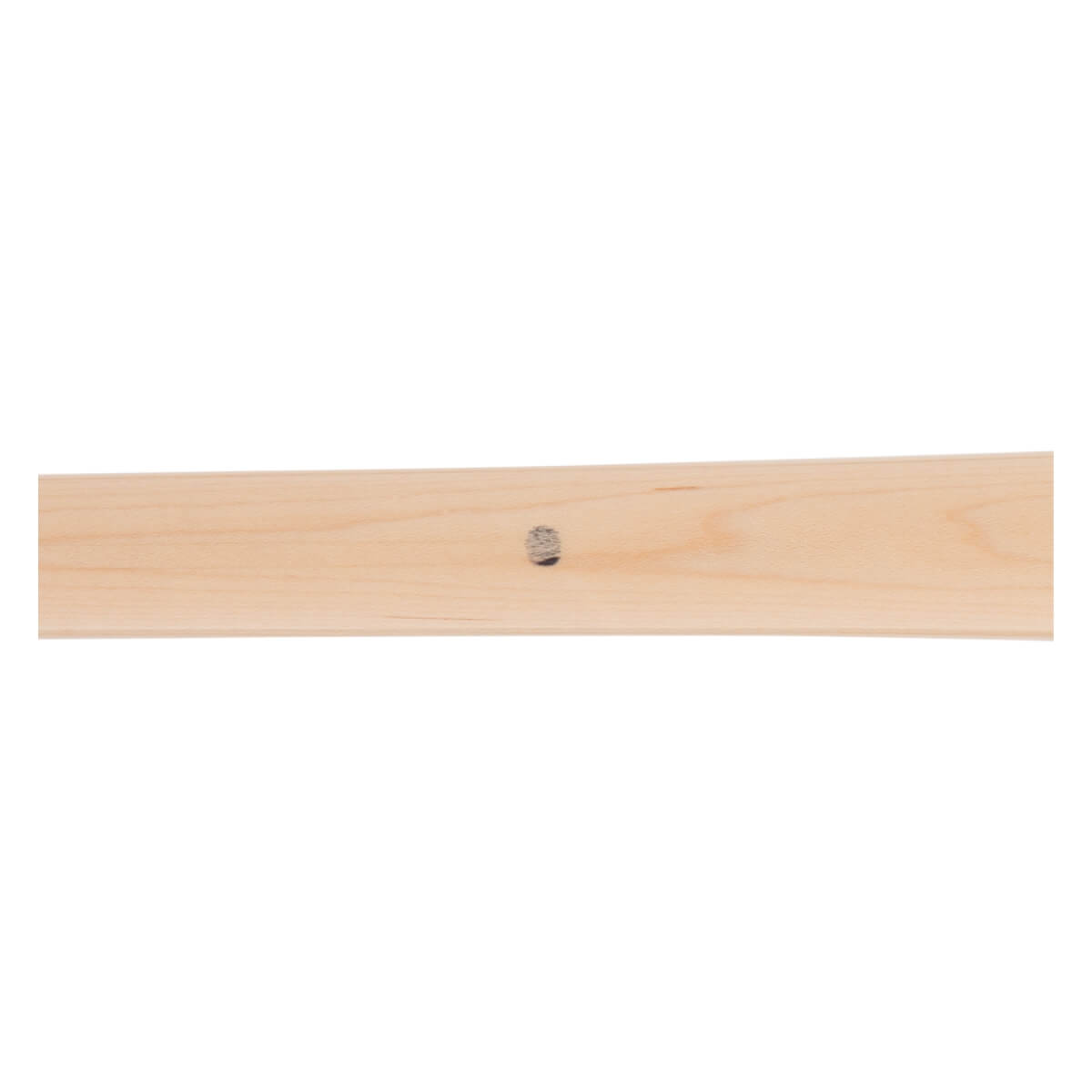 Mid-section view of a natural maple baseball bat with visible wood grain and a small dark circular ink dot.