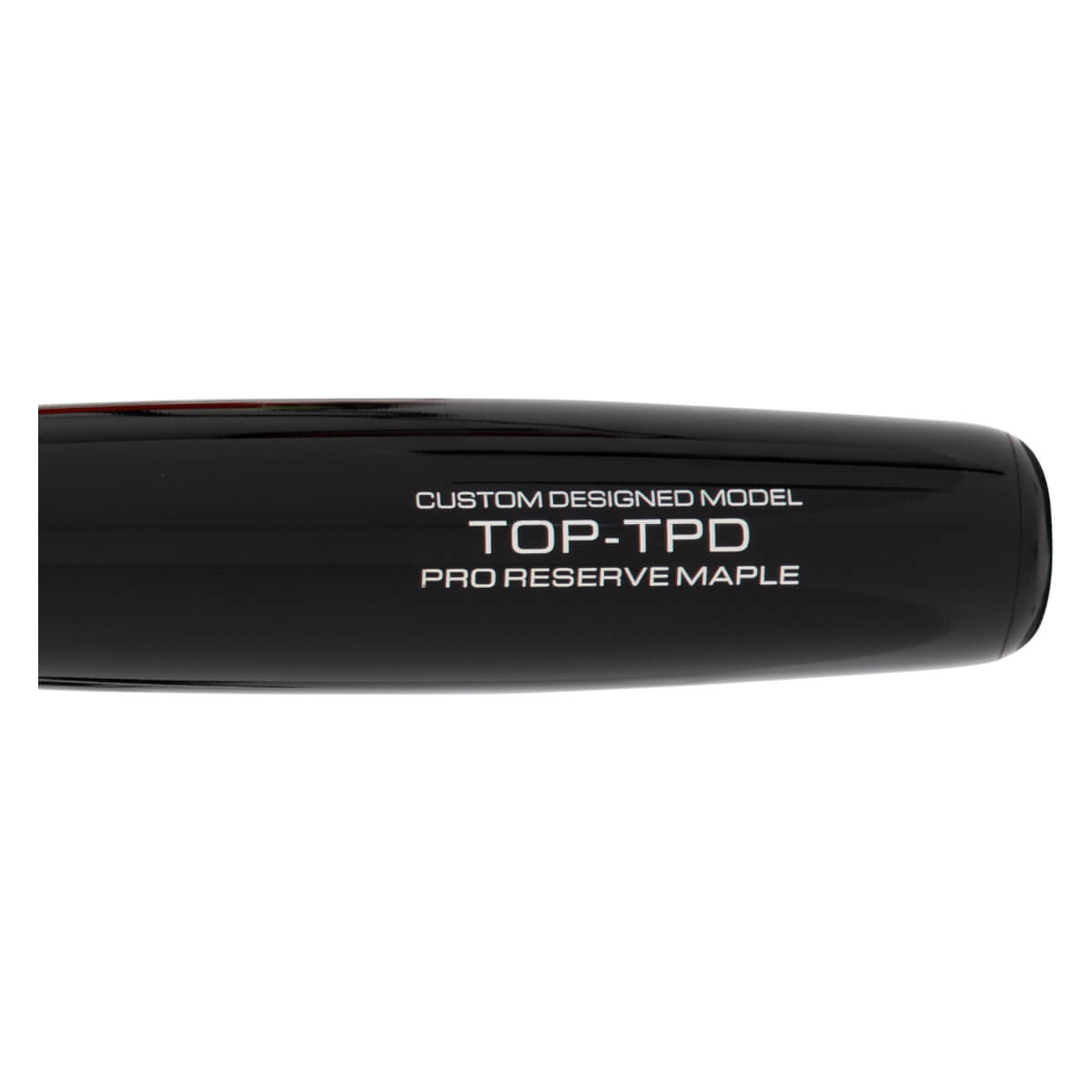 Close-up of a black baseball bat barrel with CUSTOM DESIGNED MODEL, TOP-TPD, and PRO RESERVE MAPLE text.