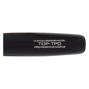 Close-up of a black baseball bat barrel with CUSTOM DESIGNED MODEL, TOP-TPD, and PRO RESERVE MAPLE text.