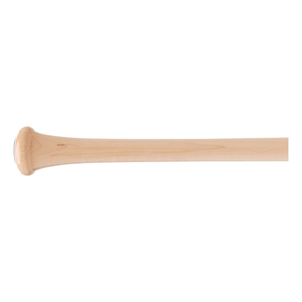 Side view of a natural wood baseball bat with a flared knob, smooth handle, and visible wood grain.