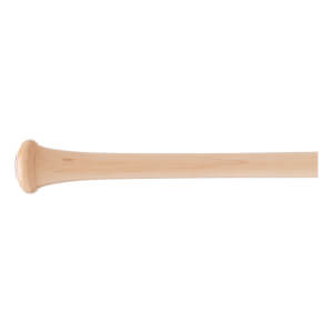 Side view of a natural wood baseball bat with a flared knob, smooth handle, and visible wood grain.