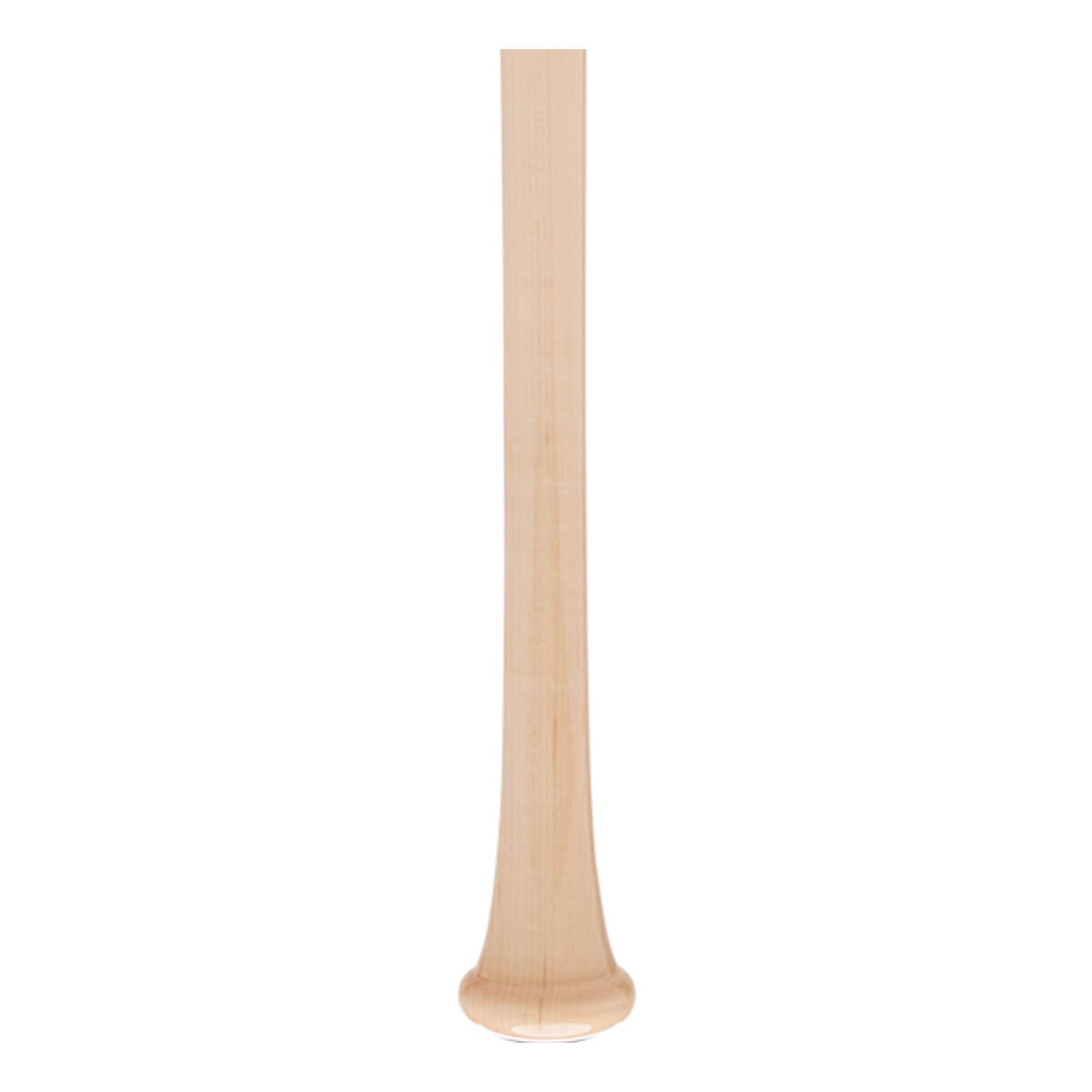 Full view of a natural wood baseball bat with visible grain, a tapered barrel, and a flared knob.