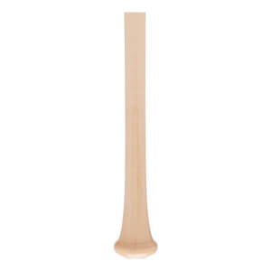 Full view of a natural wood baseball bat with visible grain, a tapered barrel, and a flared knob.