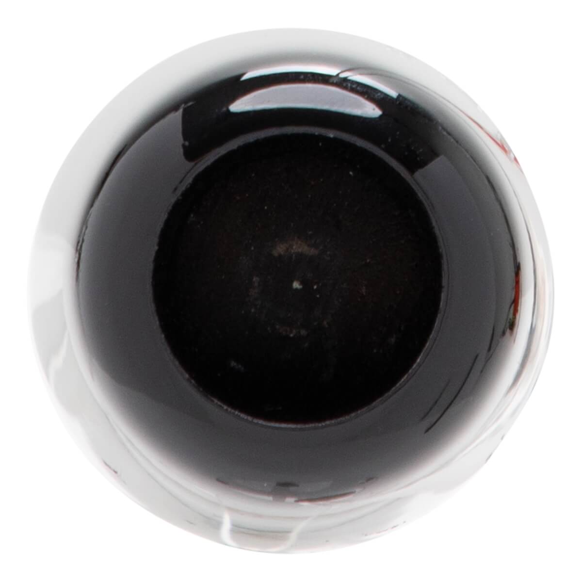 Top-down view of a dark baseball bats cupped end with a textured interior and a glossy, reflective outer edge.