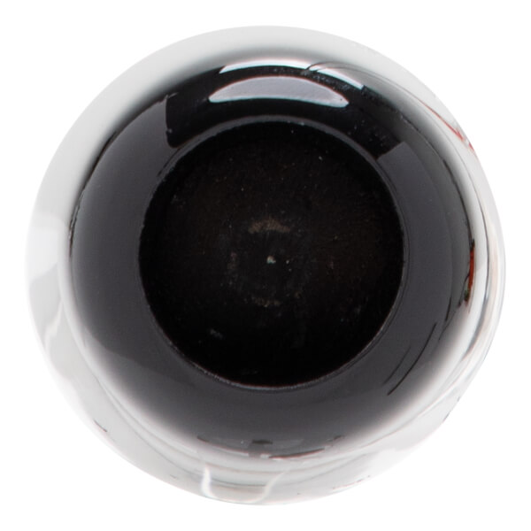 Top-down view of a dark baseball bats cupped end with a textured interior and a glossy, reflective outer edge.