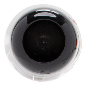Top-down view of a dark baseball bats cupped end with a textured interior and a glossy, reflective outer edge.