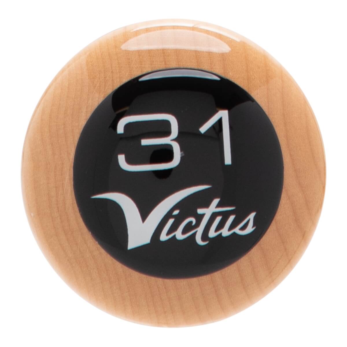 Close-up of a natural wood bat end cap with a black circular insert displaying 31 and the Victus logo in white.