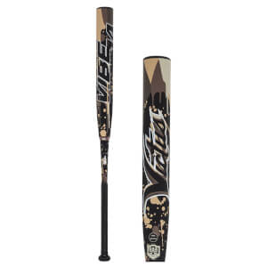 Side view of a baseball bat with "VIBE" in large white letters, a camouflage pattern, and "USA SOFTBALL" certification.