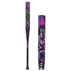 Front view of a black baseball bat with pink and purple splatter graphics and "VIBE 36" text.