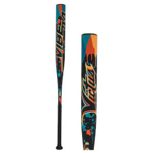 Side view of a black baseball bat with colorful paint splatters and "Victus" logo.