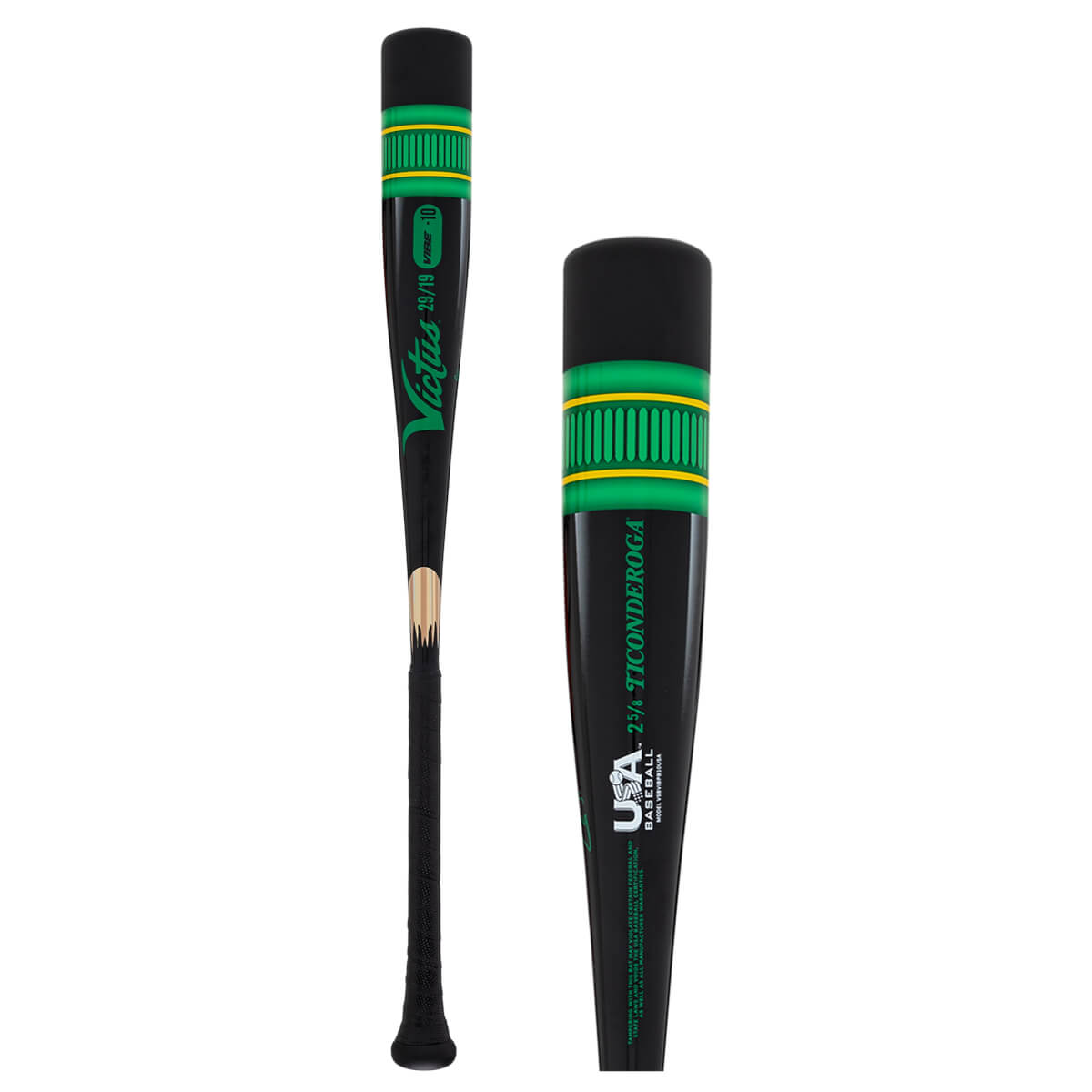 Side view of a black baseball bat with green and yellow accents, showing "Victus" and "29/19" text.
